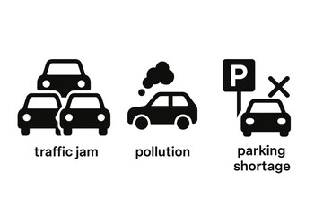 Urban mobility challenges icon set. Vector graphic of traffic jam, car air pollution, and parking shortage. Solid filled icons illustrating city transport problems. Car pictogram.