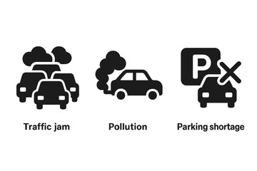 Urban mobility challenges icon set. Traffic jam, air pollution, parking shortage pictogram. City transport problem symbols. Car congestion, vehicle emission, no parking solid glyphs.