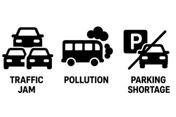Urban mobility challenges icon set. Traffic jam, air pollution, parking shortage pictogram. City transport problems concept. Car, bus, exhaust fumes, no parking vector symbols.