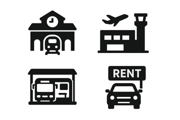 Urban mobility and public transport icon set. Solid glyphs of a train station, airport terminal, bus depot, and car rental service. Vector symbols for travel, city life, and transportation.