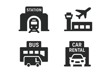Urban mobility icons set. Public transportation hub symbols. Train station, airport terminal, bus depot, car rental agency. Solid glyph vector pictograms for transport concept.