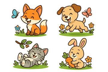 Cute animal character set. Cartoon fox, dog, cat, rabbit collection. Playful pets in nature with butterfly, flower, carrot. Happy kawaii vector illustration for kids. Mascot.