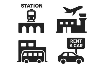 Travel and transportation hub vector icons. Black filled pictogram collection of airport, train station, bus terminal, and rent a car service. Urban mobility concept illustration.