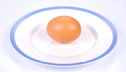 Single Brown Egg on White Plate with Blue Rim Isolated on White Background.