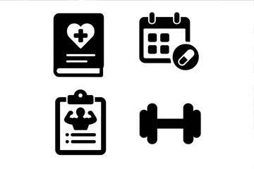 Patient empowerment icon set. Health journal, medication schedule, and fitness plan symbols. Solid glyph icons for healthcare, medical app, wellness, and treatment vector.