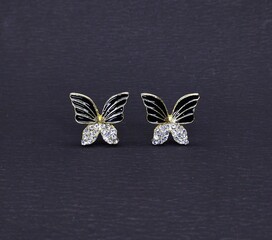 Elegant Butterfly Stud Earrings Black And Gold Crystal Rhinestone Jewelry for Women