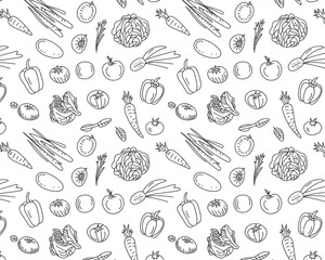 Seamless black and white pattern illustration of various hand-drawn vegetables on a white background