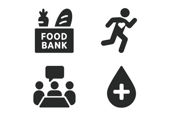 Social cause and charity icon set. Vector glyphs for food bank, donation, and community support. Includes symbols for charity run, blood drive, fundraising, and volunteering.