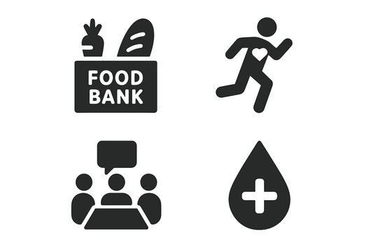 Social cause and charity icon set. Vector glyphs for food bank, donation, and community support. Includes symbols for charity run, blood drive, fundraising, and volunteering.