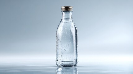 Small, clear glass bottle filled with sparkling water & condensation on blue backdrop