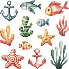 create need set watercolor-marine-elements-for-design on white background.