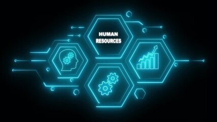 Abstract neon Hud knowledge ability business gear icon Glowing neon line concept. Glowing "HUMAN RESOURCES " button in German on a futuristic, abstract wave technology on black background. - Powered by Adobe