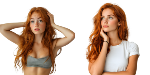 Young Caucasian redhead woman praying isolated on a transparent background