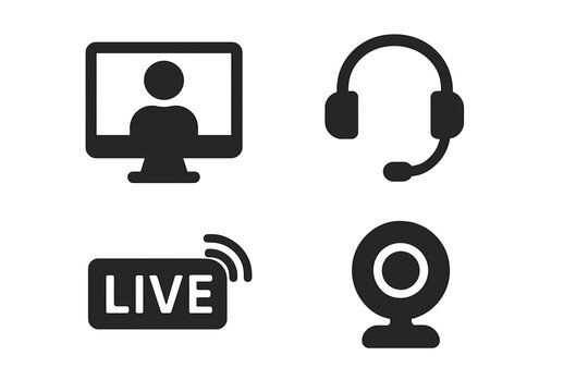 Virtual Events Icons Set, Solid Filled Vector Illustrations of Computer Screen, Headset, Live Stream, Webcam, and Chat Bubble for Online Communication and Digital Interaction