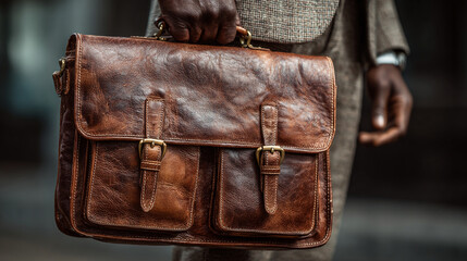 Man holding a brown leather satchel with buckles and pockets outdoor.