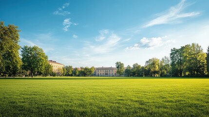 Lush green field with trees and buildings under a vibrant blue sky.