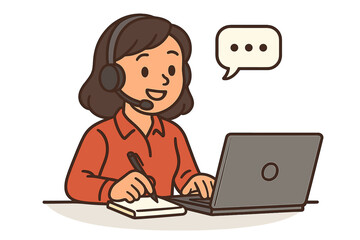 Virtual assistant providing customer support and live communication while taking notes, smiling woman with headset and laptop, remote work and online help desk concept, vector cartoon illustration