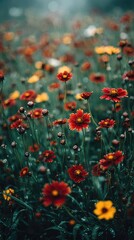 A field of red and yellow wildflowers, softly blurred, bathed in muted sunlight