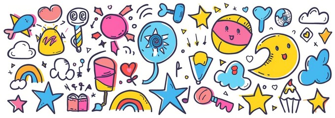 Whimsical doodle collection of colorful shapes and objects