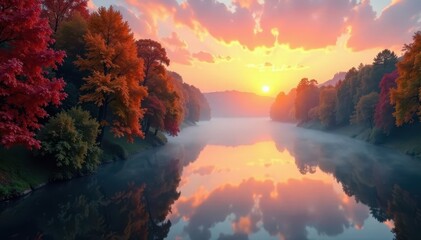 Misty sunrise over calm autumn river, colorful foliage reflected , shore, damp, scenic