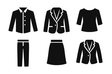 Wardrobe Essentials Icons Solid Filled Vector Set of His and Hers Classic Dress Shirt, Blazer, Blouse, Pants, Skirt Fashion Basics Illustration Transparent