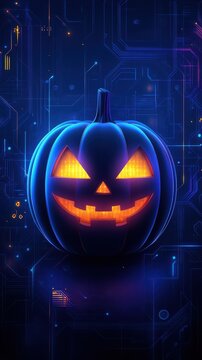 A glowing, futuristic jack-o'-lantern is set against a digital background, blending traditional Halloween elements with a modern, high-tech aesthetic.
