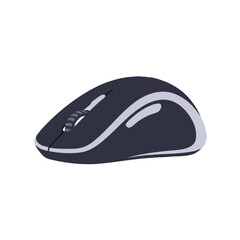 A minimalist 2D flat vector illustration showcases an ergonomically shaped computer mouse with solid colors, isolated on a clean white background, representing modern office technology.