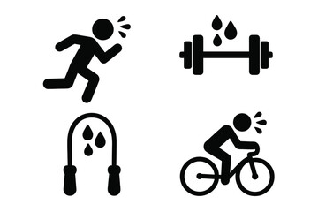 Physical exertion solid icon set. Fitness and workout concept. Sweating stick figure running, cycling. Dumbbell weights and jump rope. Sport and cardio exercise vector pictogram.