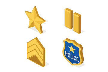 Police rank insignia vector icon set. Isometric icons of law enforcement badges. Captain star, lieutenant bars, and sergeant chevrons. Security officer symbols collection.
