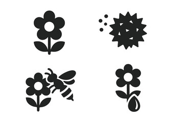 Pollination process vector icon set. Bee on flower, pollen grain, nectar collection, and seed formation glyphs. Biology, nature, and agriculture solid icons collection.