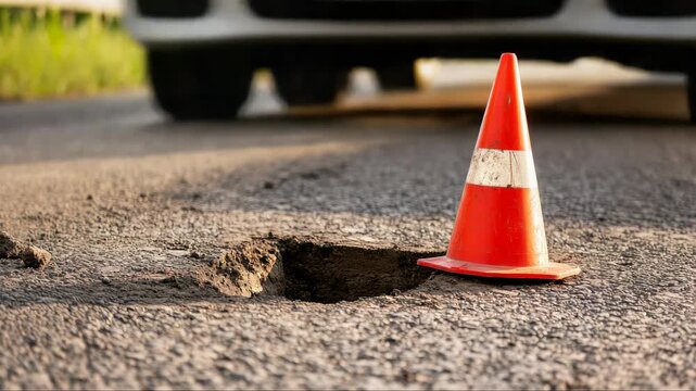 Orange traffic cone signaling road hazard, marking damaged asphalt section with cautionary visibility near passing vehicle