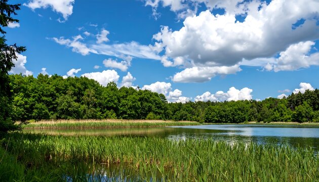 Serene lakeside with lush greenery under a vast sky dotted with fluffy clouds on summer day