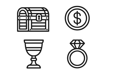 Pirate treasure outline icon set. Vector collection of pirate loot items like a treasure chest, gold coin, ancient goblet, and diamond ring. Game assets for adventure themes.