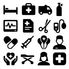 Obraz premium Medical Essentials: A clean, graphic compilation of essential medical icons, perfect for illustrating healthcare concepts and emergency services. 
