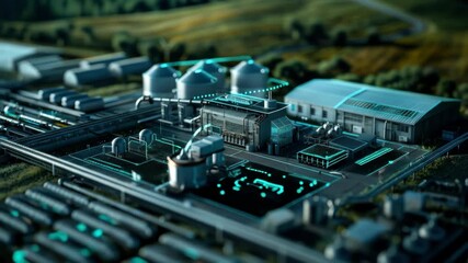 Aerial View of Automated Industrial Plant with Digital Network Overlay - Powered by Adobe