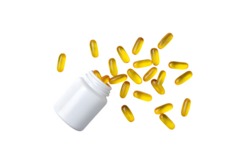 Successful small yellow fish oil gel capsules spilling out of a white plastic bottle
