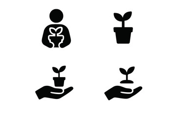 Plant care icon set. Person and hand holding potted plant and sapling. Growth, nurture, and new beginnings concept. Ecology, environment, and gardening symbols. Solid glyphs.