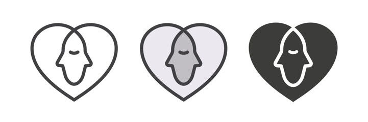 Heart with profile heads icons bundle, outline and filled. Line versions include editable stroke. Isolated vector illustrations.