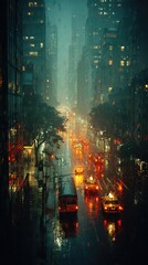 Rainy night street scene, city traffic, dark ambiance