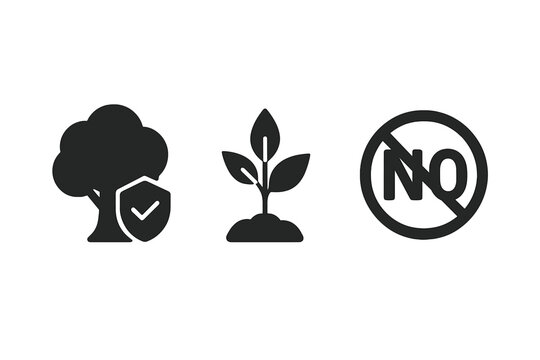 Zero deforestation vector icon set. Stop cutting trees concept. Solid glyphs for environmental protection, reforestation, forest conservation, tree planting, and nature care.