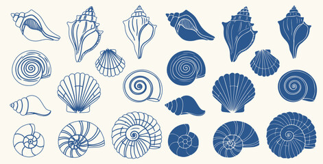 Set of hand drawn seashells drawing ink. Minimalist line art. Summer vacation design elements for trendy prints, label, menu cover. Tropical beach shells. Vector flat illustration.
