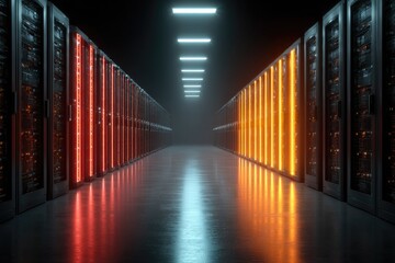 Neon-lit server room with reflective floor