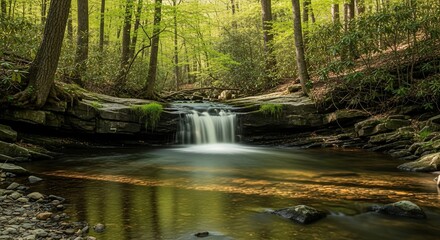 Serene waterfall in lush green forest landscape scenery