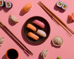 Assortment of sushi and dumplings on a pink backdrop
