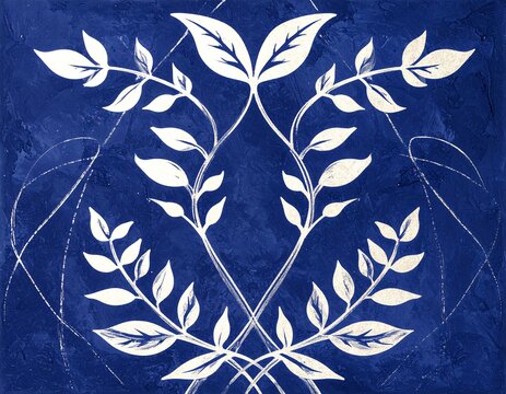 Athangudi tile with deep indigo background and central ivory vine-leaf quartet motif, glossy glazed handmade finish, clean edges
