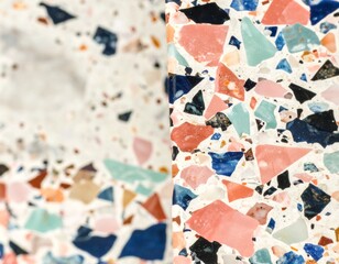Fototapeta premium Photorealistic overhead flat lay of terrazzo surface with pastel pink, blue and neutral chips, clean copy space