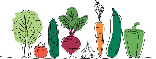 A simple and modern one-line art illustration of various fresh vegetables in a row on a white background
