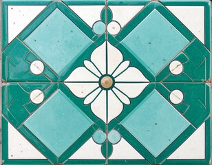 Athangudi tile rotated 45 degrees with ivory petal cross on green field and tiny center dot, polished glaze and clean edges