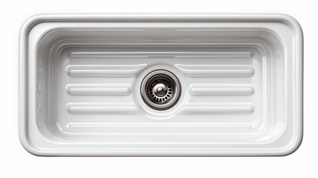 Top view white ceramic kitchen sink with center drain