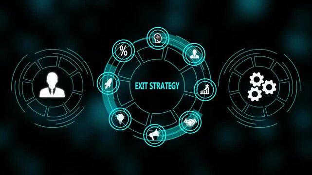 Exit strategy technology concept on virtual screen interface. Business, Technology, Internet and network concept. Abstract technology symbols on a blue background